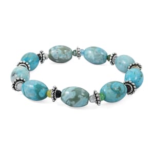 Turquoise Jasper and Multi Gemstone 138.50 ctw Melon with Pewter Stretch Bracelet (6-7In)