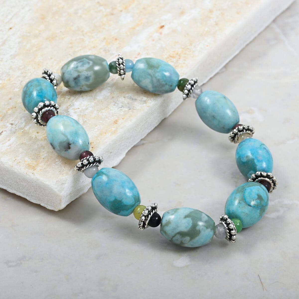 Turquoise Jasper and Multi Gemstone 138.50 ctw Melon with Pewter Stretch Bracelet (6-7In) image number 1