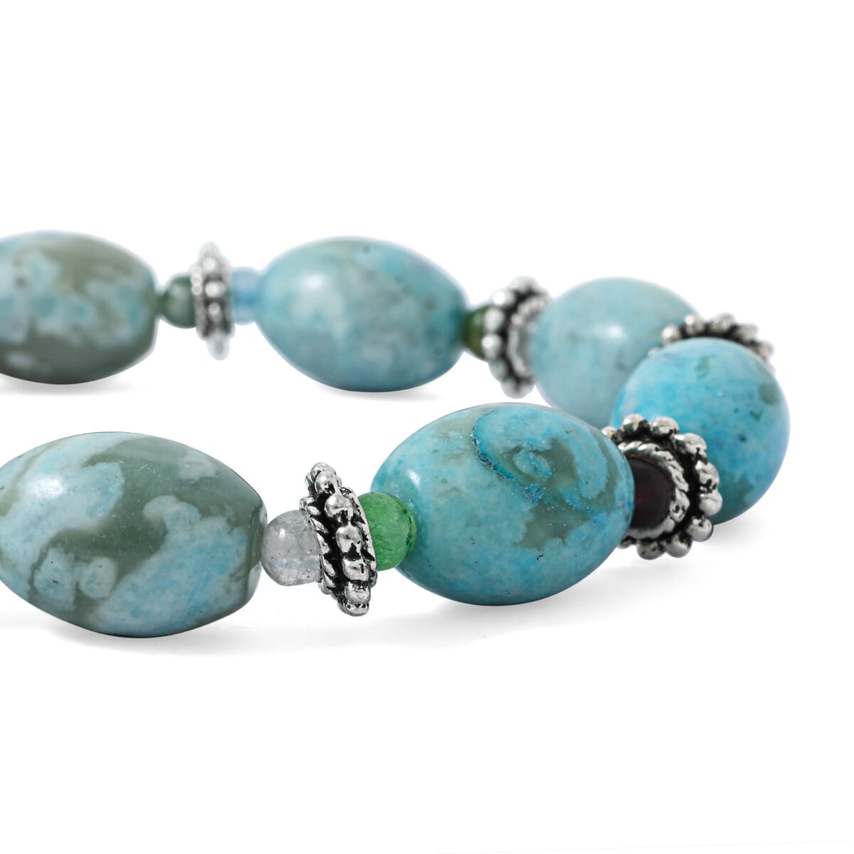 Turquoise Jasper and Multi Gemstone 138.50 ctw Melon with Pewter Stretch Bracelet (6-7In) image number 2