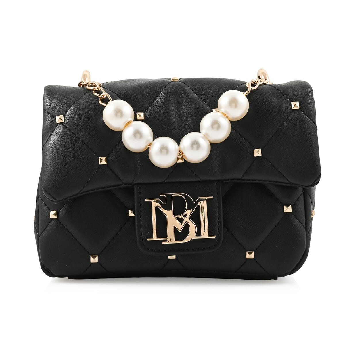 Badgley Mischka Black Quilted Vegan Leather Pearl Crossbody Bag (8x5.5x4.8) Black image number 0