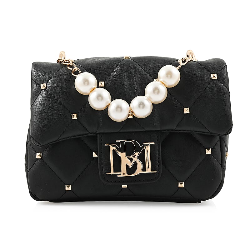 Badgley Mischka Black Quilted Vegan Leather Pearl Crossbody Bag (8x5.5x4.8)