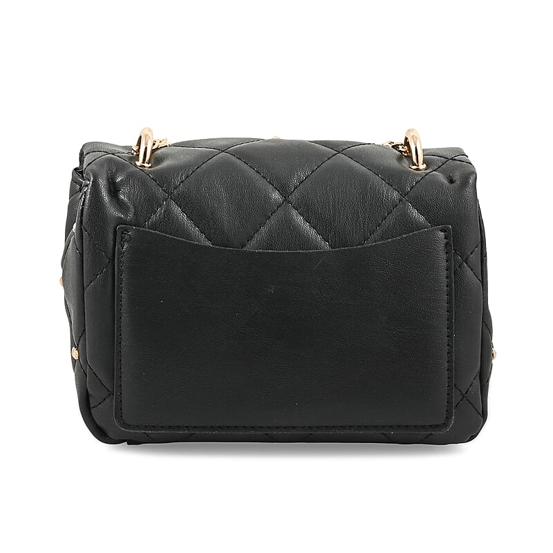 Badgley Mischka Black Quilted Vegan Leather Pearl Crossbody Bag (8x5.5x4.8)