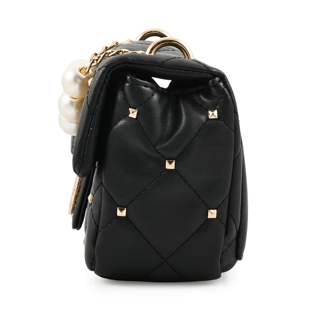 Badgley Mischka Black Quilted Vegan Leather Pearl Crossbody Bag (8x5.5x4.8) Black image number 2
