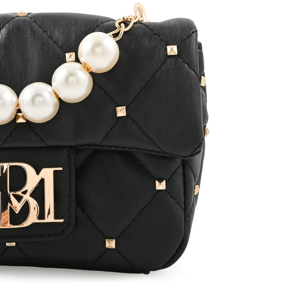 Badgley Mischka Black Quilted Vegan Leather Pearl Crossbody Bag (8x5.5x4.8) Black image number 3