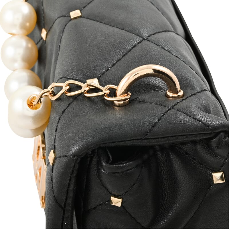 Badgley Mischka Black Quilted Vegan Leather Pearl Crossbody Bag (8x5.5x4.8)