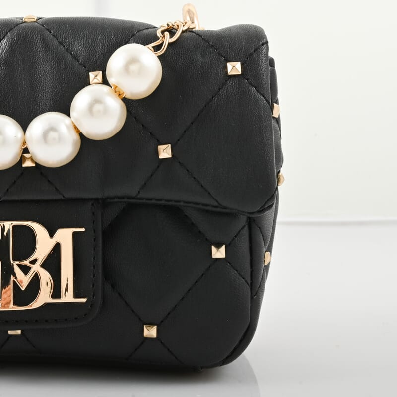 Badgley Mischka Black Quilted Vegan Leather Pearl Crossbody Bag (8x5.5x4.8)
