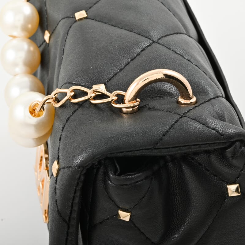 Badgley Mischka Black Quilted Vegan Leather Pearl Crossbody Bag (8x5.5x4.8)