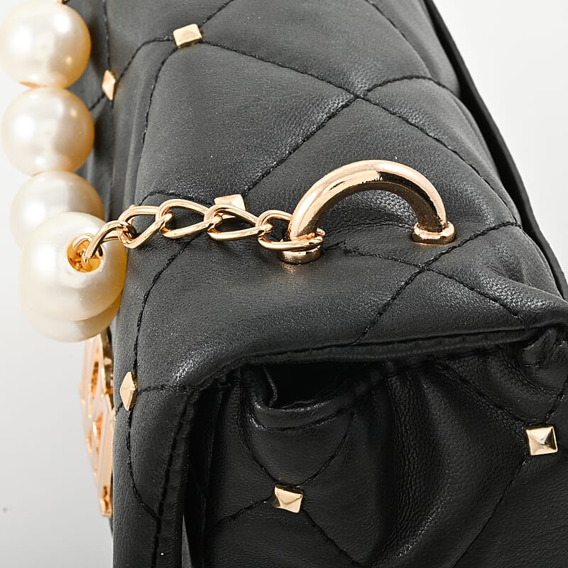 Badgley Mischka Black Quilted Vegan Leather Pearl Crossbody Bag (8x5.5x4.8)