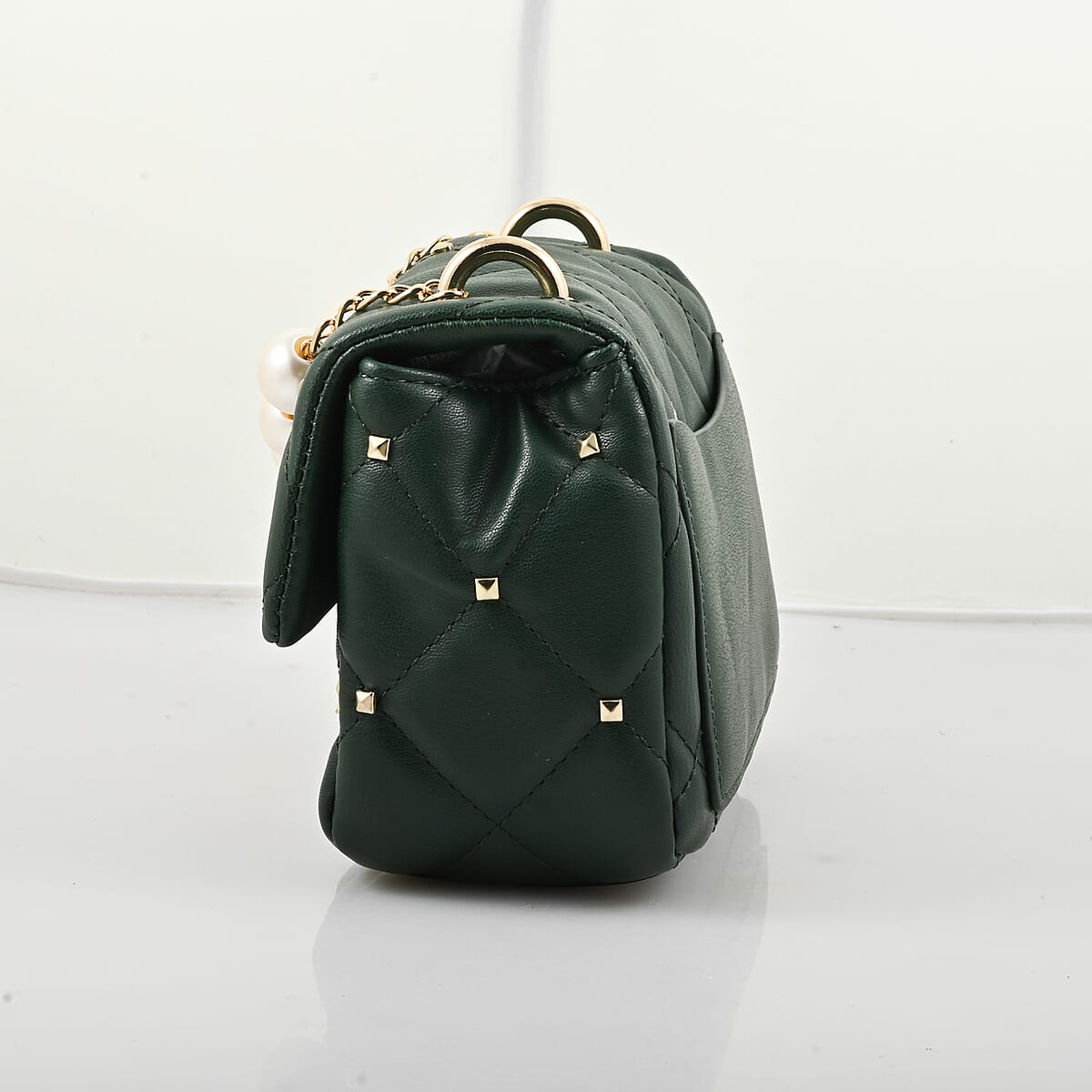 Badgley Mischka Green Quilted Vegan Leather Pearl Crossbody Bag (8x5.5x4.8) image number 2