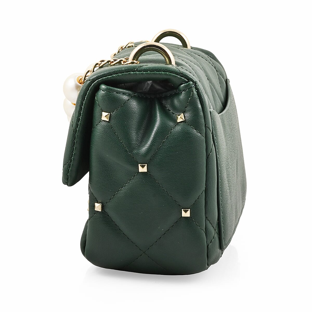 Badgley Mischka Green Quilted Vegan Leather Pearl Crossbody Bag (8x5.5x4.8) image number 3