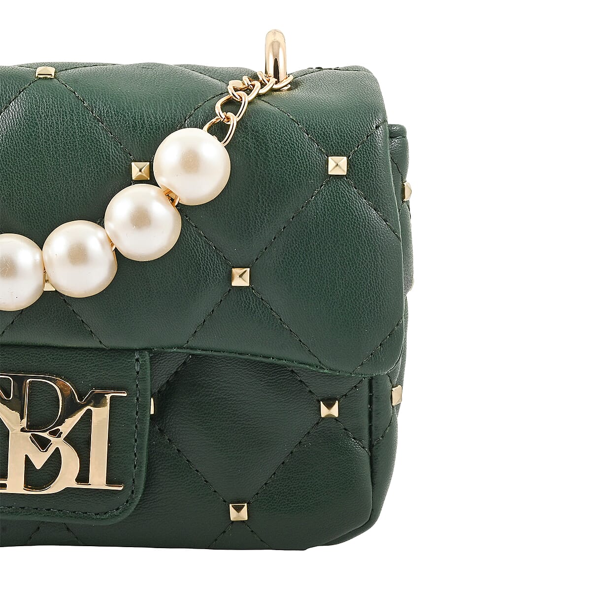 Badgley Mischka Green Quilted Vegan Leather Pearl Crossbody Bag (8x5.5x4.8) image number 4