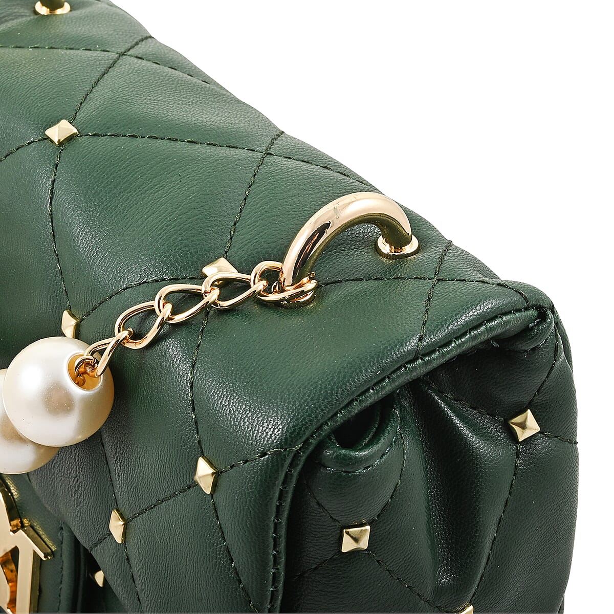 Badgley Mischka Green Quilted Vegan Leather Pearl Crossbody Bag (8x5.5x4.8) image number 5