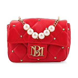 Badgley Mischka Red Quilted Vegan Leather Pearl Crossbody Bag (8x5.5x4.8)