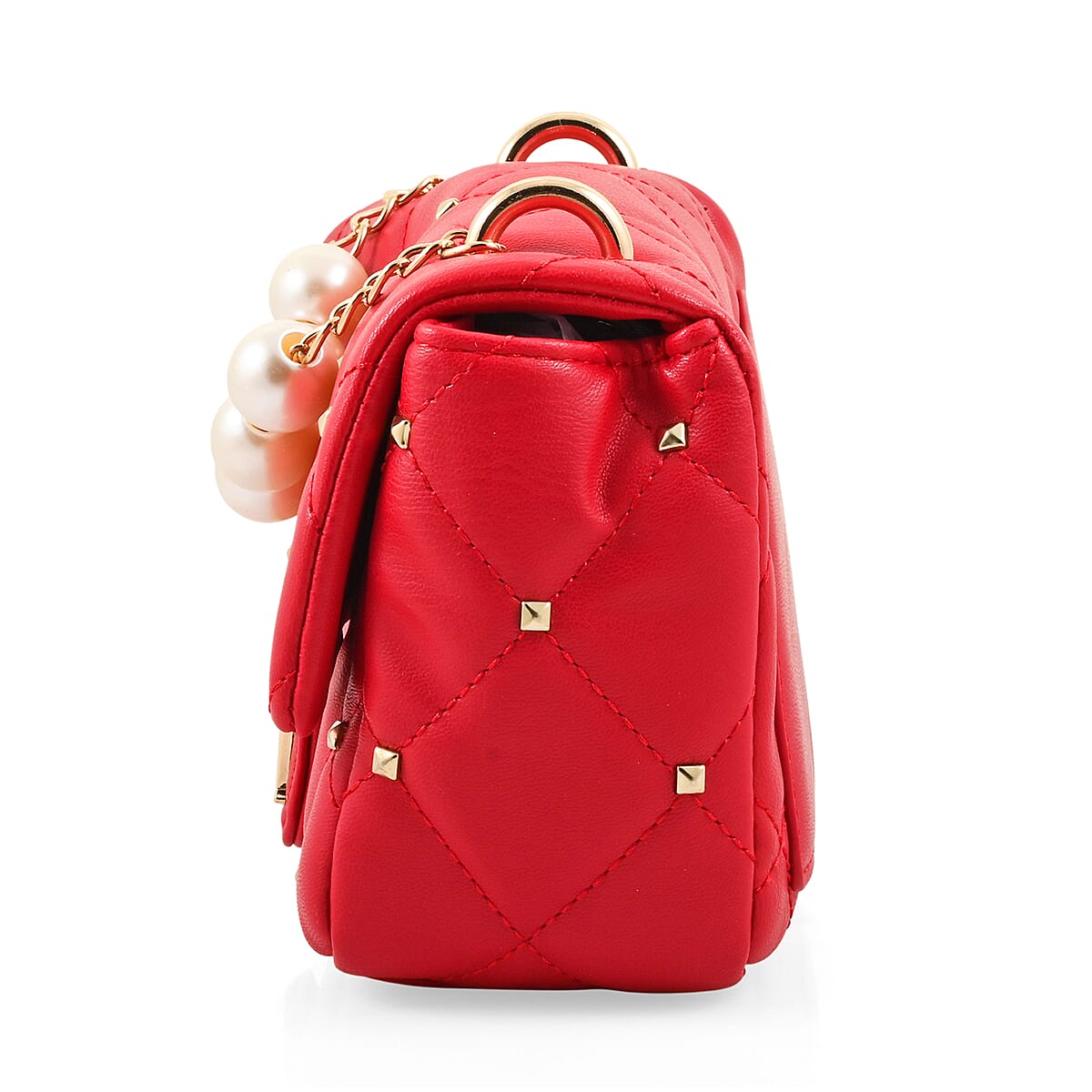 Badgley Mischka Red Quilted Vegan Leather Pearl Crossbody Bag (8x5.5x4.8) image number 2