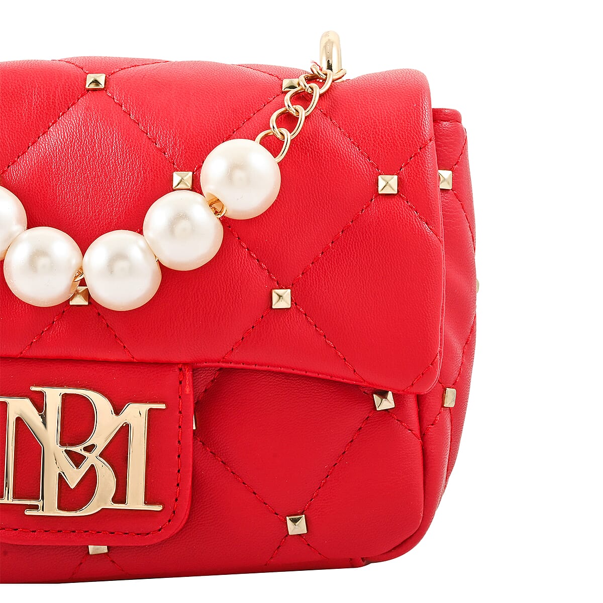 Badgley Mischka Red Quilted Vegan Leather Pearl Crossbody Bag (8x5.5x4.8) image number 3