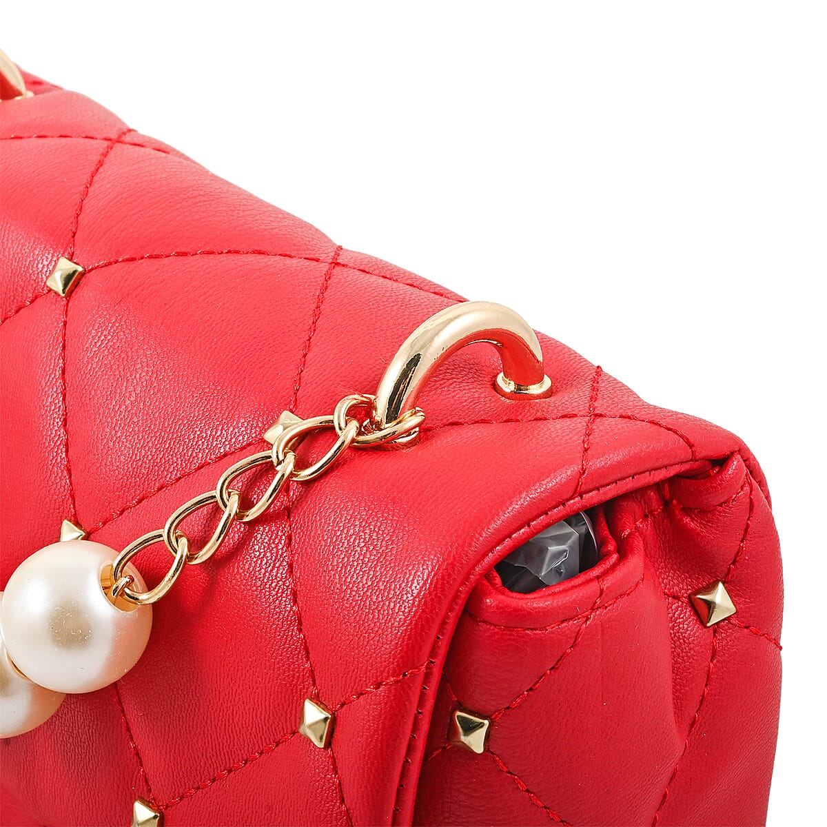 Badgley Mischka Red Quilted Vegan Leather Pearl Crossbody Bag (8x5.5x4.8) image number 4