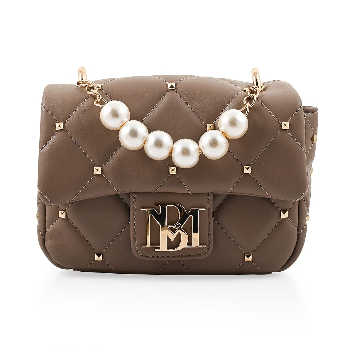 Badgley Mischka Taupe Quilted Vegan Leather Pearl Crossbody Bag (8x5.5x4.8) image number 0