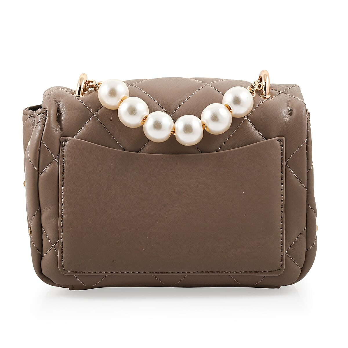 Badgley Mischka Taupe Quilted Vegan Leather Pearl Crossbody Bag (8x5.5x4.8) image number 2