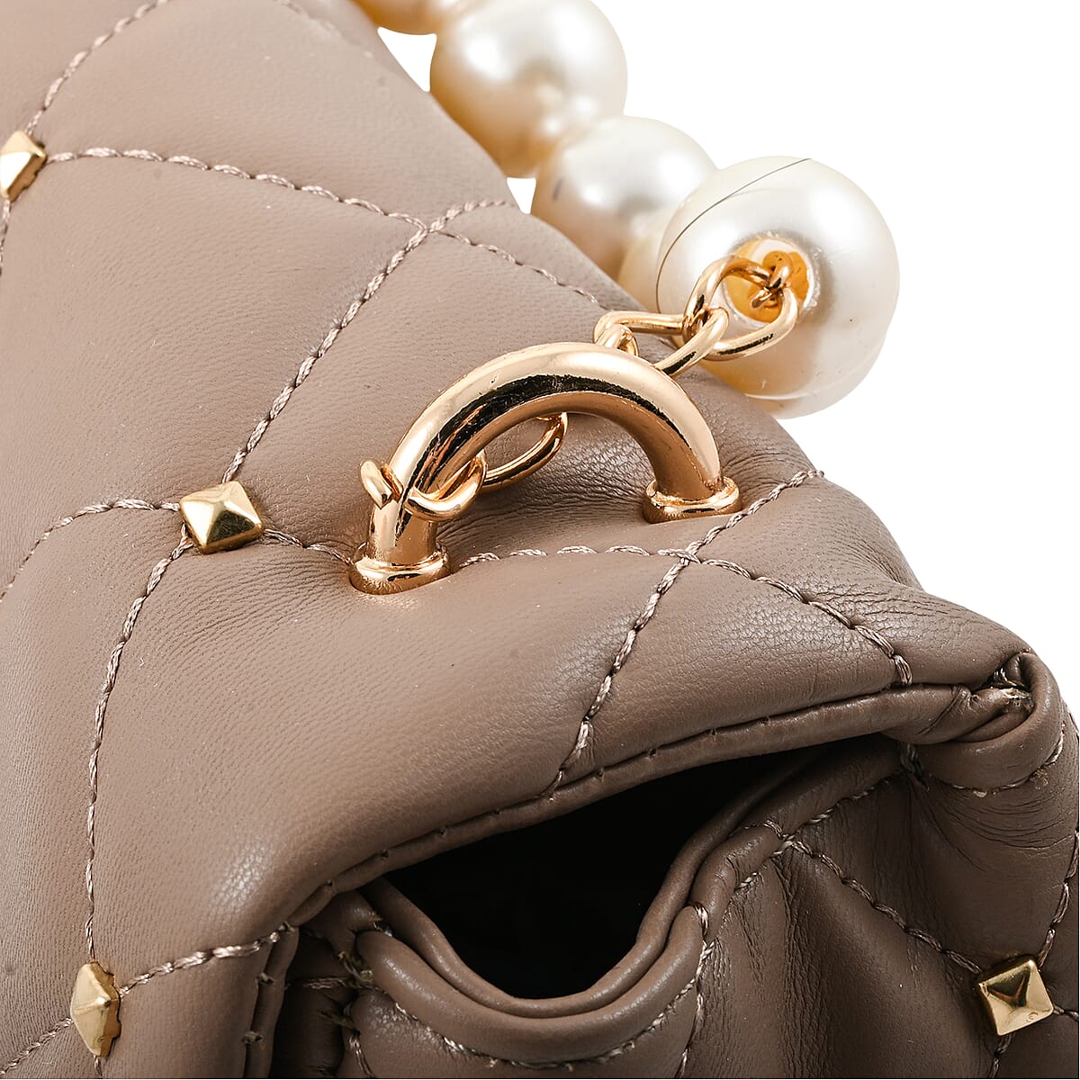 Badgley Mischka Taupe Quilted Vegan Leather Pearl Crossbody Bag (8x5.5x4.8) image number 3