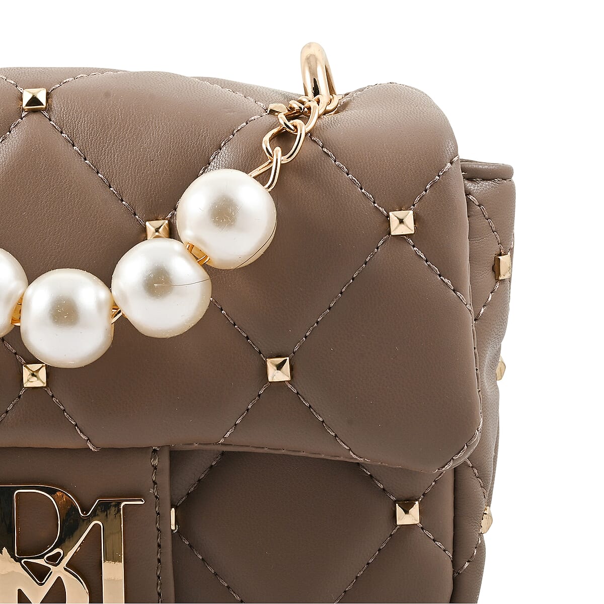 Badgley Mischka Taupe Quilted Vegan Leather Pearl Crossbody Bag (8x5.5x4.8) image number 4