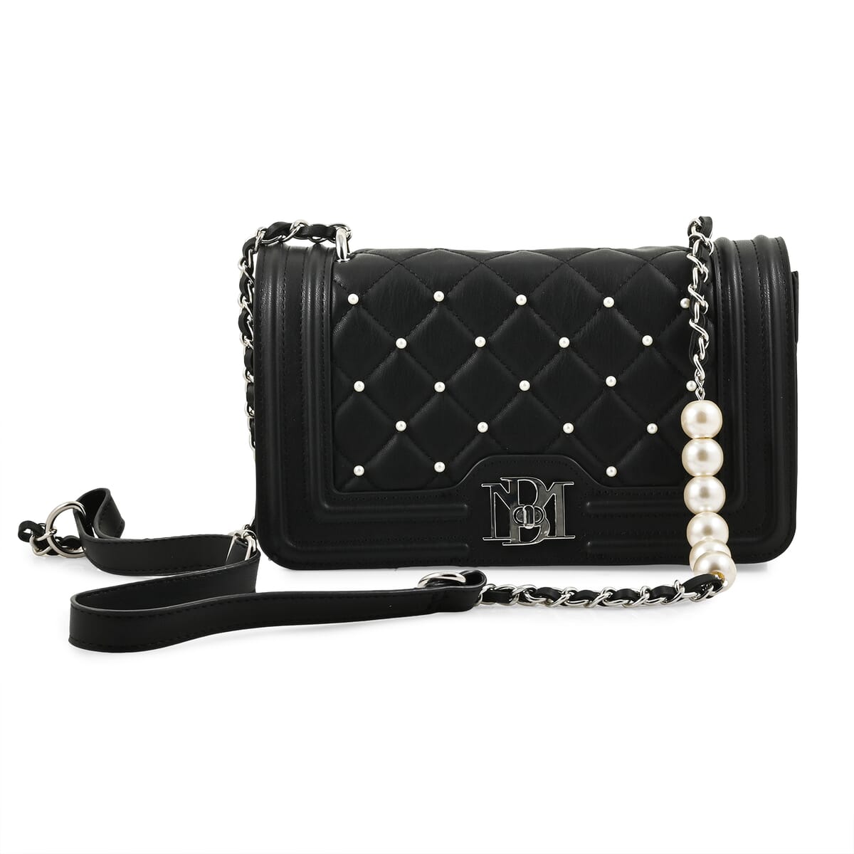 Badgley Mischka Black Quilted Vegan Leather Pearl Crossbody Bag (10x6x3.5) image number 0