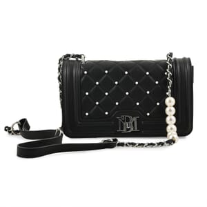 Badgley Mischka Black Quilted Vegan Leather Pearl Crossbody Bag (10x6x3.5)