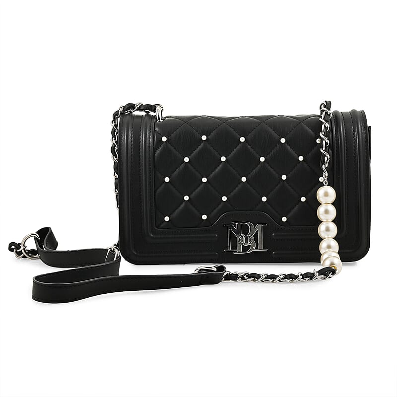 Badgley Mischka Black Quilted Vegan Leather Pearl Crossbody Bag (10x6x3.5)