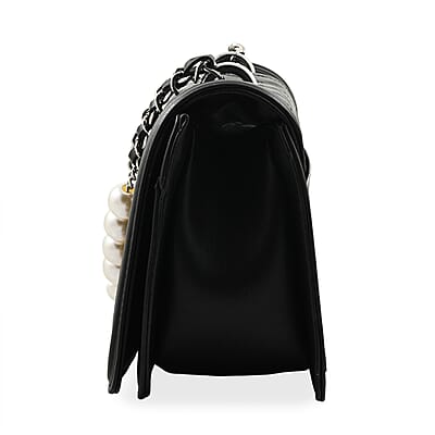 Badgley Mischka Black Quilted Vegan Leather Pearl Crossbody Bag (10x6x3.5)