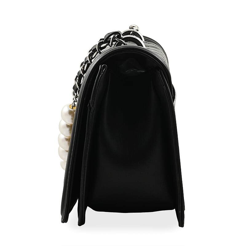 Badgley Mischka Black Quilted Vegan Leather Pearl Crossbody Bag (10x6x3.5)