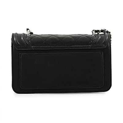 Badgley Mischka Black Quilted Vegan Leather Pearl Crossbody Bag (10x6x3.5)