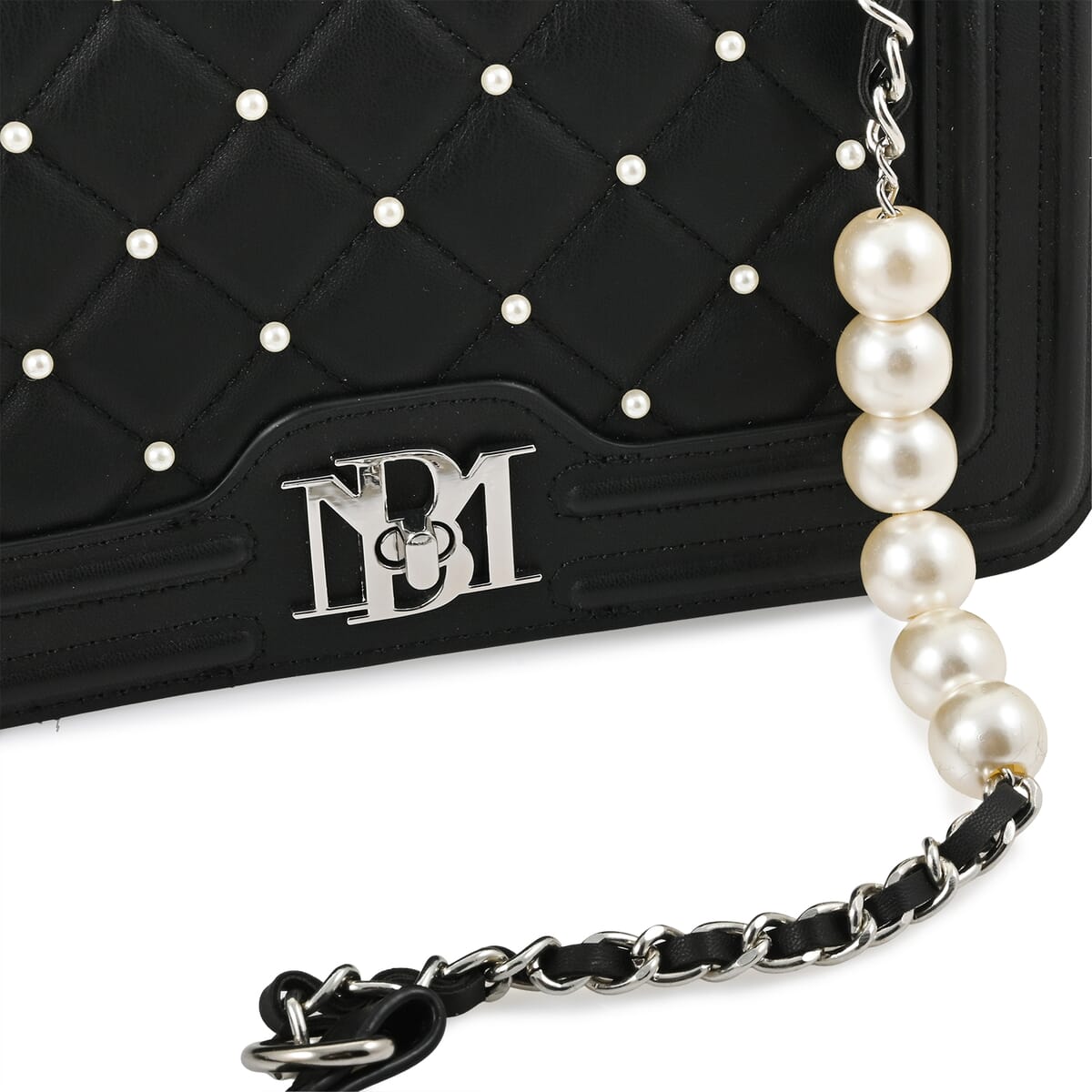 Badgley Mischka Black Quilted Vegan Leather Pearl Crossbody Bag (10x6x3.5) image number 3