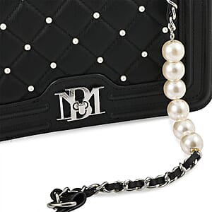 Badgley Mischka Black Quilted Vegan Leather Pearl Crossbody Bag (10x6x3.5)
