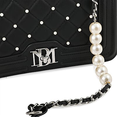 Badgley Mischka Black Quilted Vegan Leather Pearl Crossbody Bag (10x6x3.5)