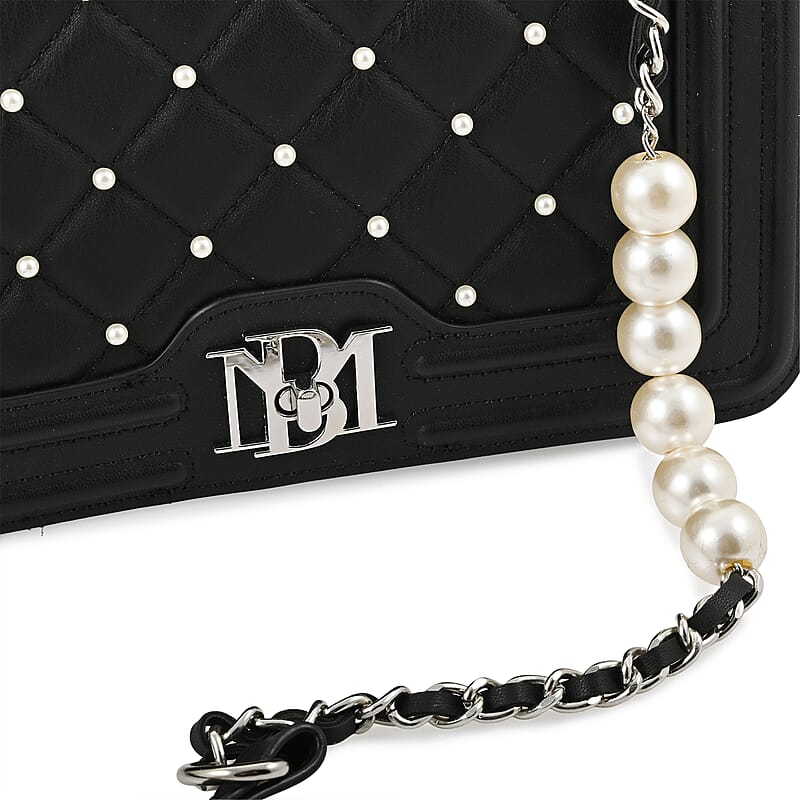 Badgley Mischka Black Quilted Vegan Leather Pearl Crossbody Bag (10x6x3.5)