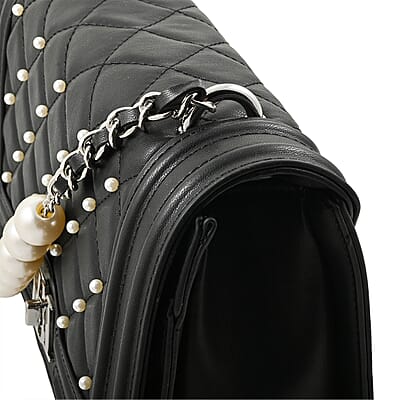 Badgley Mischka Black Quilted Vegan Leather Pearl Crossbody Bag (10x6x3.5)