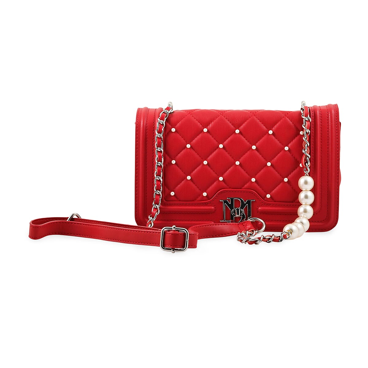 Closeout Badgley Mischka Red Quilted Vegan Leather Pearl Crossbody Bag (10x6x3.5) image number 0