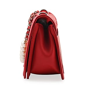 Closeout Badgley Mischka Red Quilted Vegan Leather Pearl Crossbody Bag (10x6x3.5)