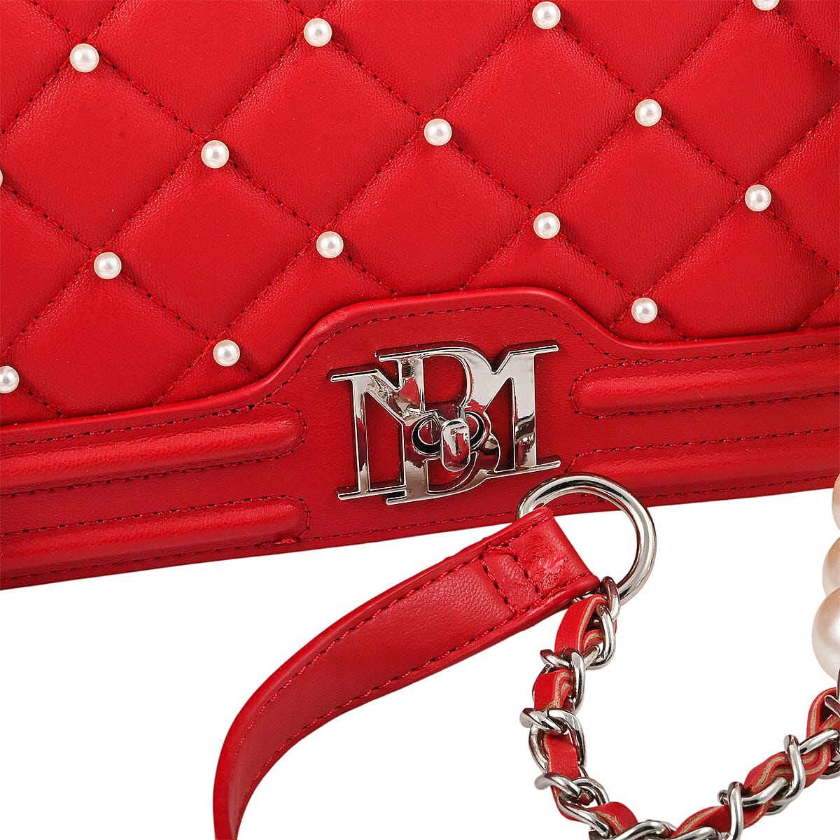 Closeout Badgley Mischka Red Quilted Vegan Leather Pearl Crossbody Bag (10x6x3.5) image number 3