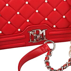 Closeout Badgley Mischka Red Quilted Vegan Leather Pearl Crossbody Bag (10x6x3.5)