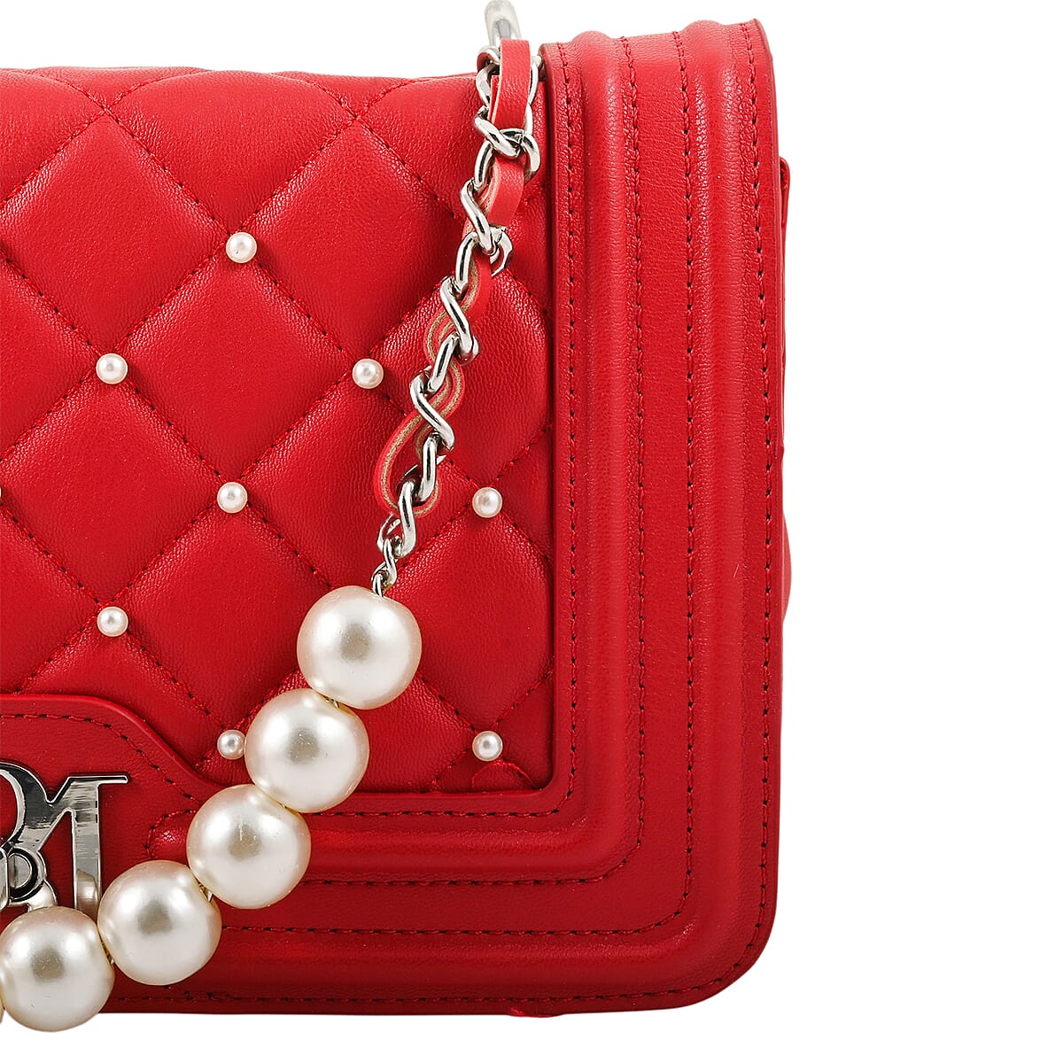 Closeout Badgley Mischka Red Quilted Vegan Leather Pearl Crossbody Bag (10x6x3.5) image number 4