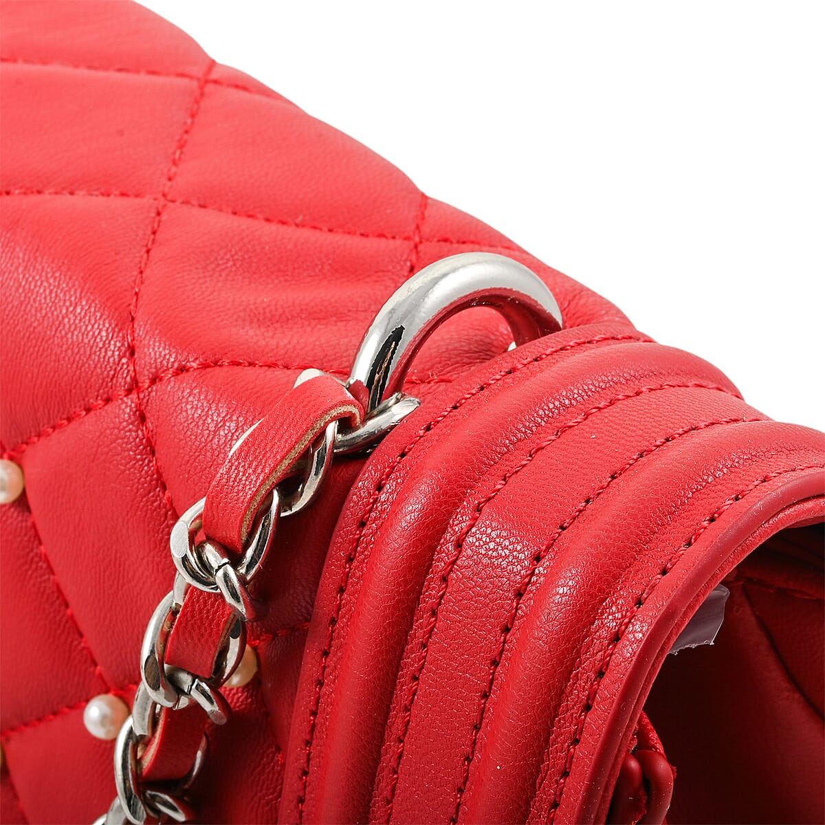 Closeout Badgley Mischka Red Quilted Vegan Leather Pearl Crossbody Bag (10x6x3.5) image number 5