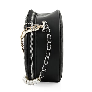 Badgley Mischka Black Quilted Vegan Leather Round Crossbody Bag