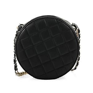 Badgley Mischka Black Quilted Vegan Leather Round Crossbody Bag