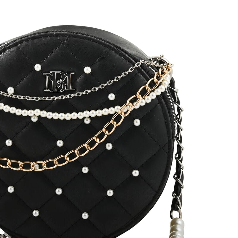 Badgley Mischka Black Quilted Vegan Leather Round Crossbody Bag