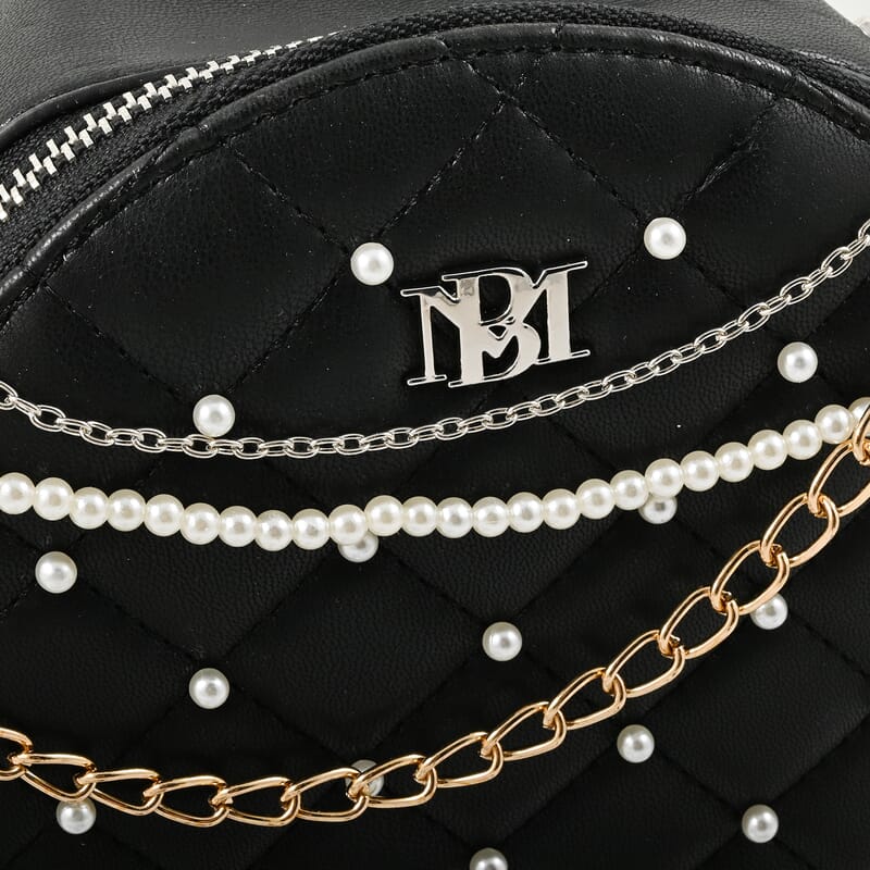 Badgley Mischka Black Quilted Vegan Leather Round Crossbody Bag