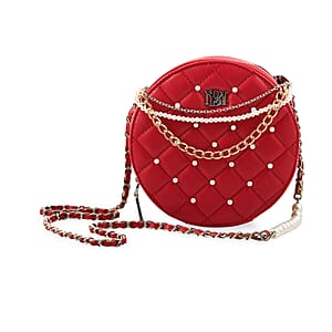 Badgley Mischka Red Quilted Vegan Leather Round Crossbody Bag