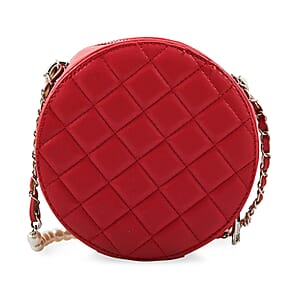 Badgley Mischka Red Quilted Vegan Leather Round Crossbody Bag