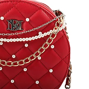 Badgley Mischka Red Quilted Vegan Leather Round Crossbody Bag