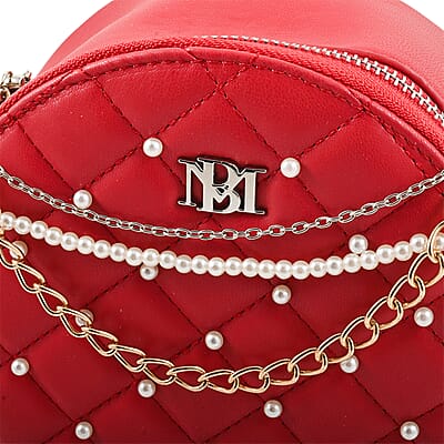 Badgley Mischka Red Quilted Vegan Leather Round Crossbody Bag