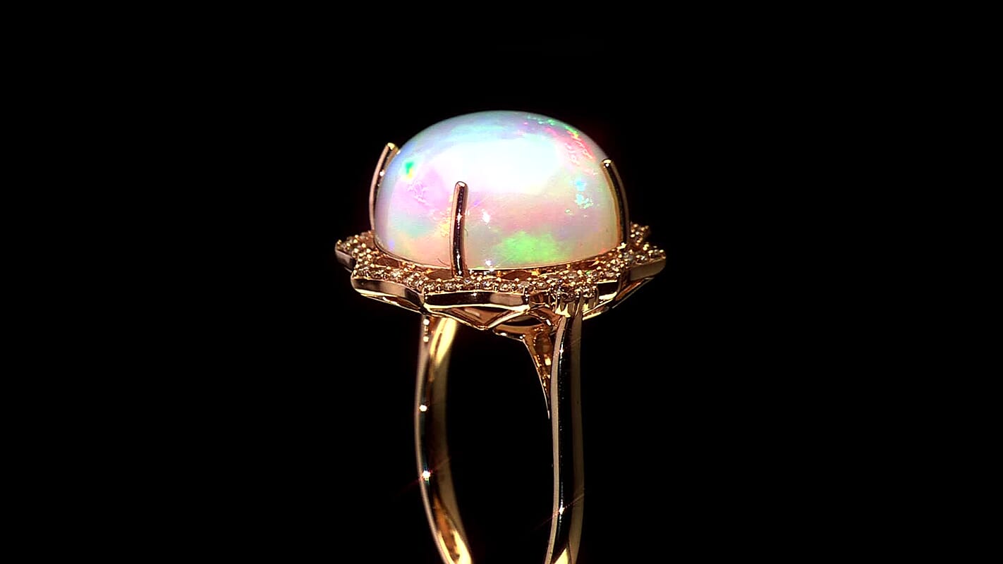 Certified & Appraised Luxoro AAA Ethiopian Welo Opal and White Diamond I2 11.20 ctw Ring in 10K Yellow Gold